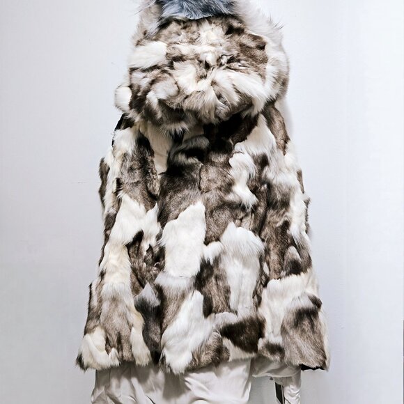 New Real Blue Silver Fox Fur-Lined Parka Coat Jacket Hood White No Mink Raccoon - Picture 3 of 7